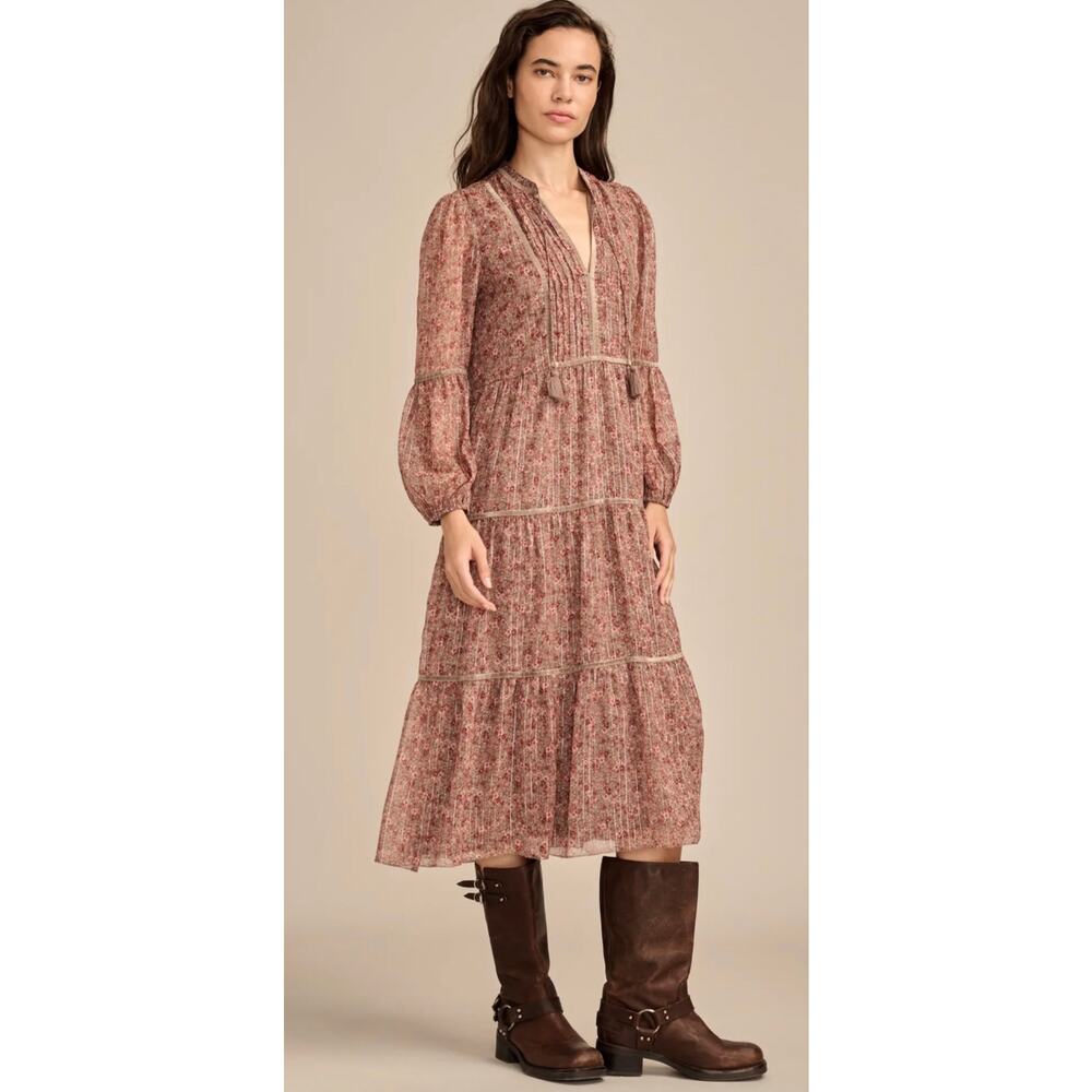 Lucky Brand Boho Floral Metallic Stripe Tiered Midi Dress Women’s Medium NWT